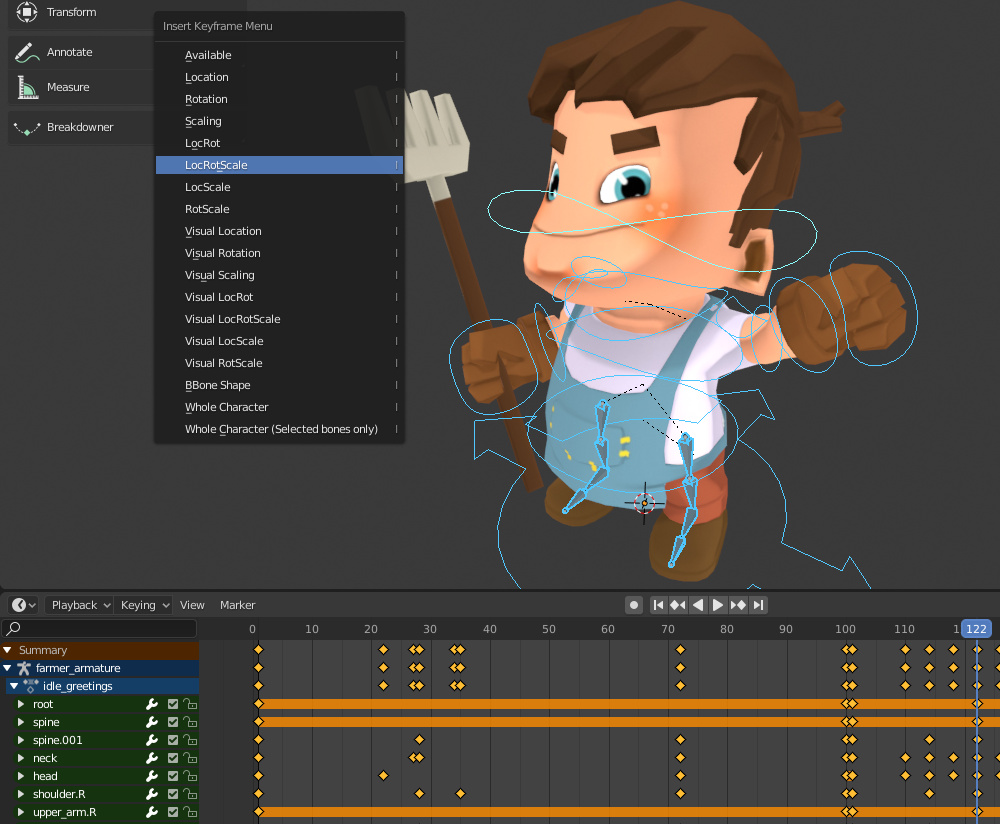 Inserting keyframes for skeletal animation in Blender