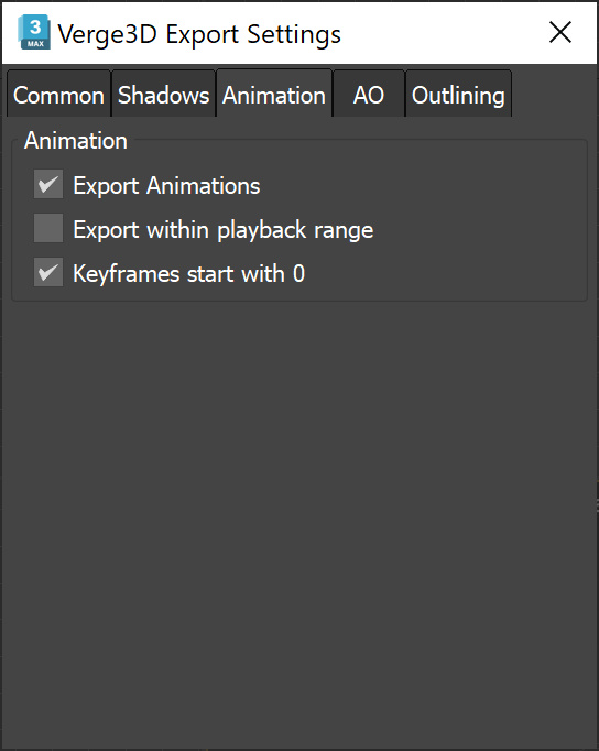 Verge3D for 3ds Max animation settings window
