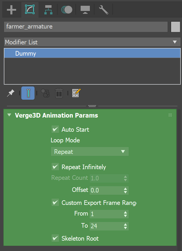 Verge3D for 3ds Max animation settings panel