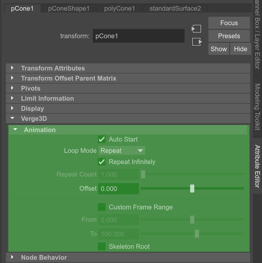 Verge3D for Maya animation settings panel