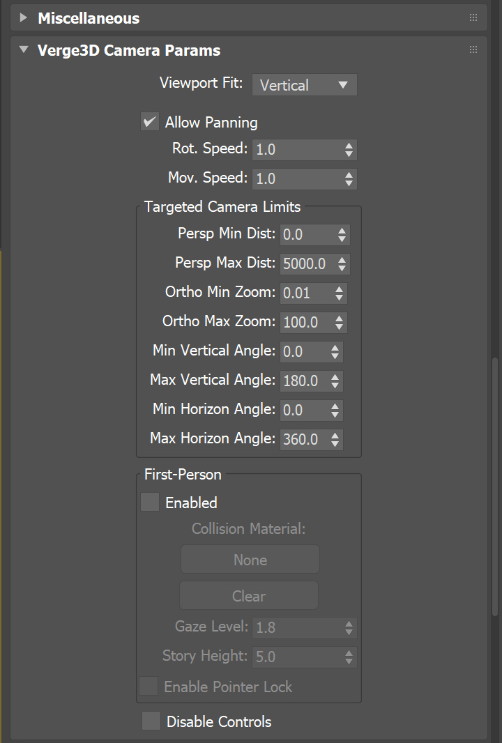 Camera settings in Verge3D for 3ds Max