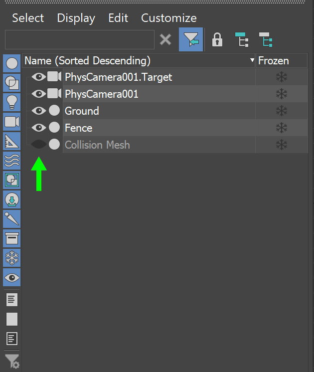 Hide firstperson collision object in 3ds Max