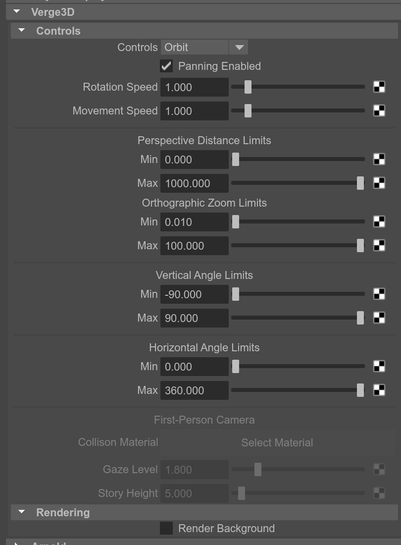 Verge3D camera settings in Maya