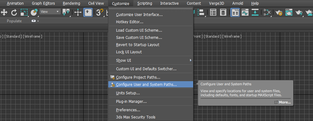 3ds Max User and System Paths menu