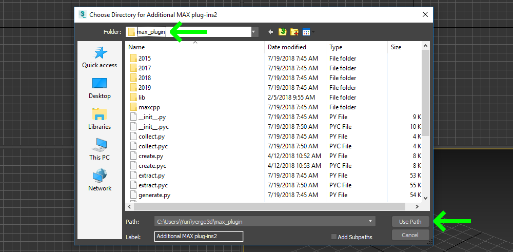 Selecting third-party plug-in path in 3ds Max