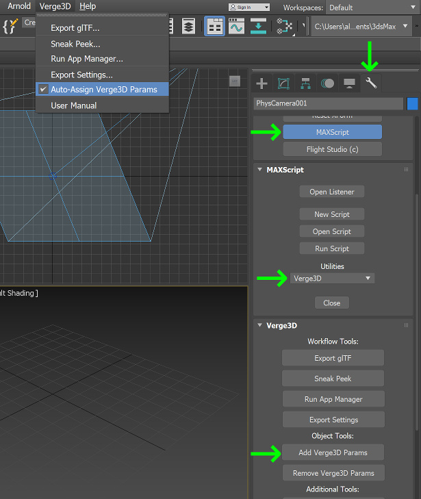 Adding Verge3D params to objects in 3ds Max