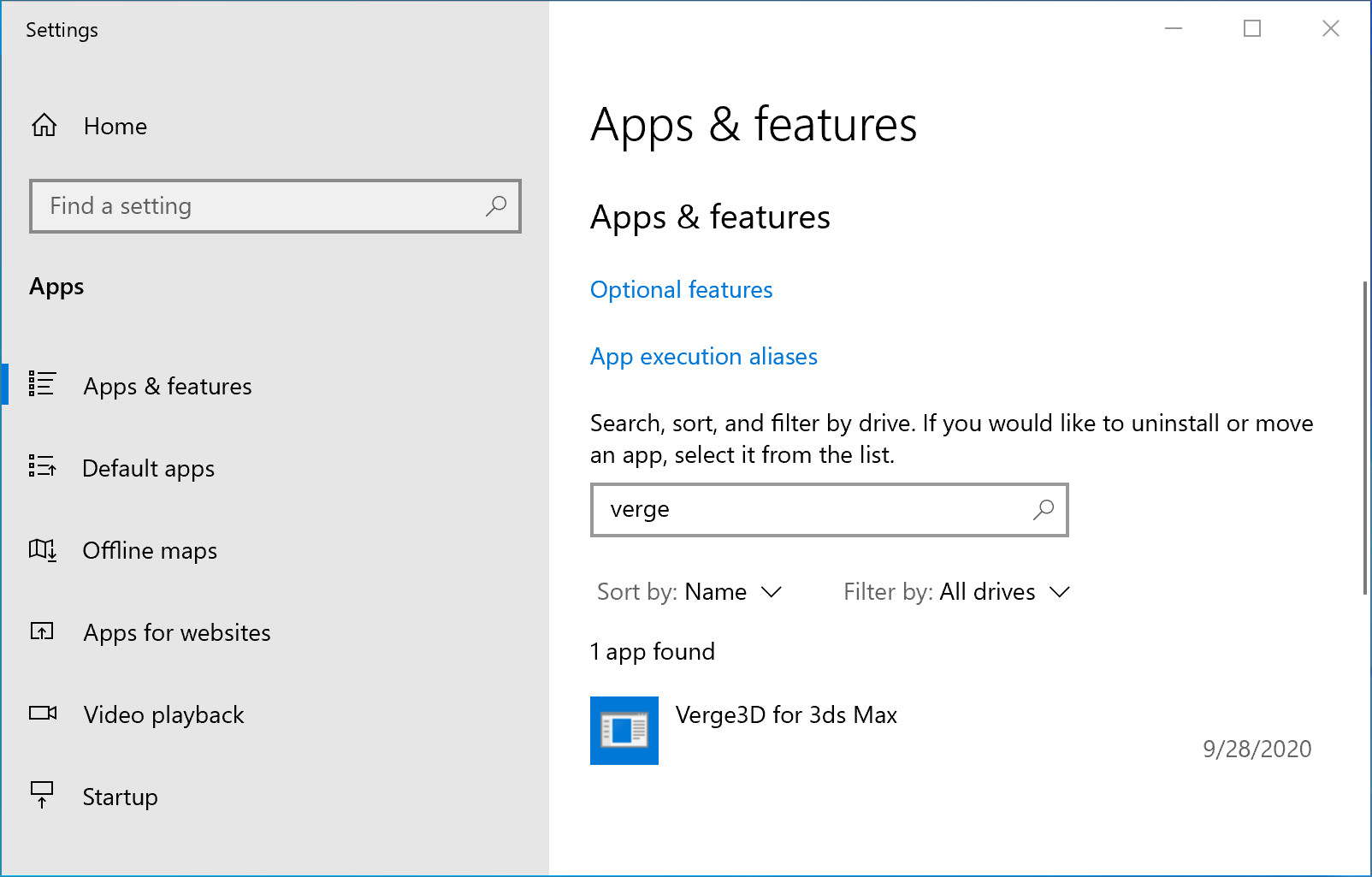 Windows Apps & features dialog