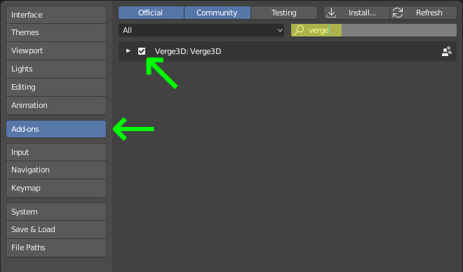 在Blender中激活Verge3D插件