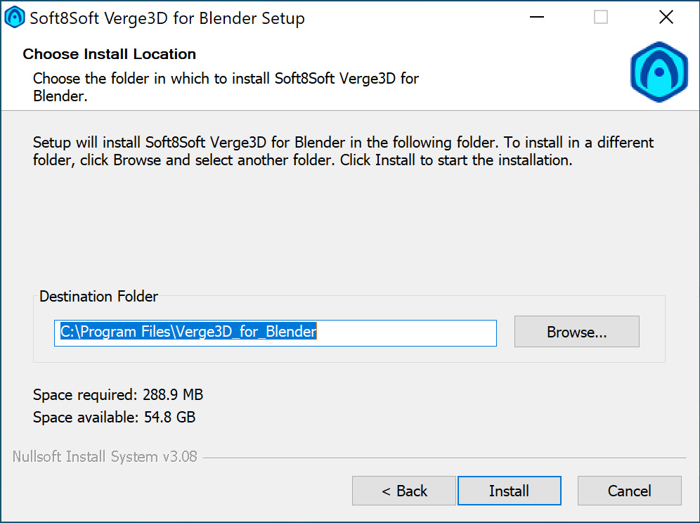 Choosing installation folder in Verge3D installer
