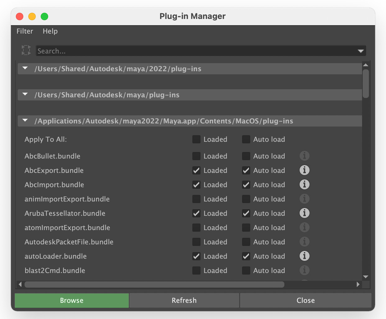 Browsing plugins in Maya Plug-in Manager