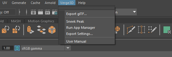 Verge3D menu in Maya