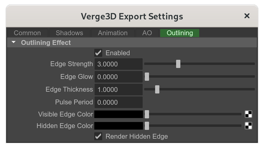 Outline settings tab in Maya