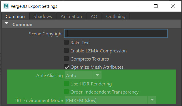 Verge3D Export Settings window in Maya