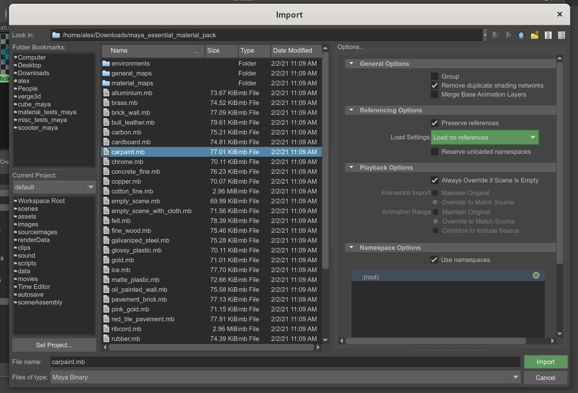 Maya import window