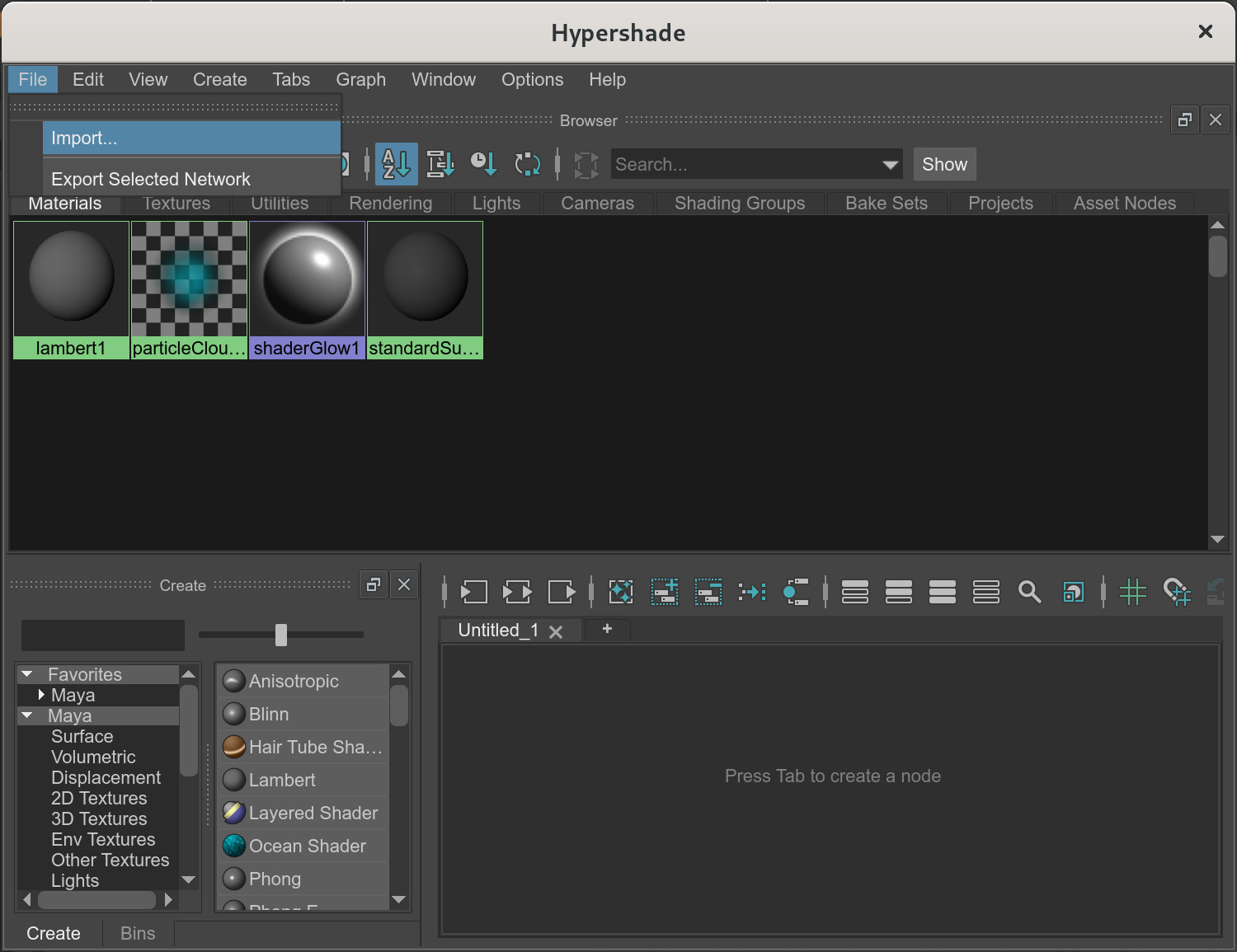 Import material in Hypershade editor