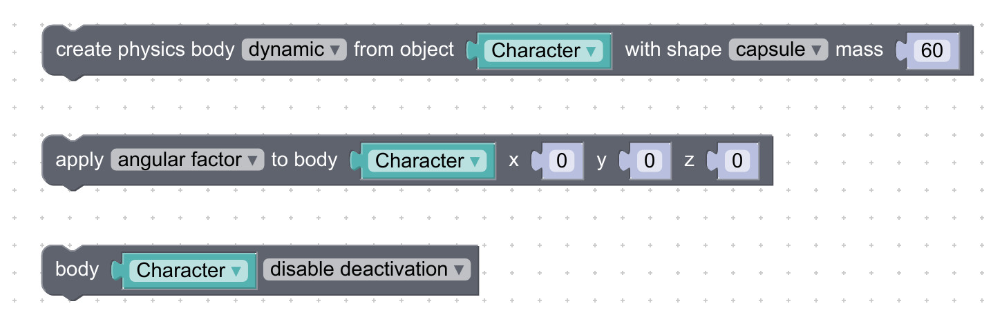 Assign character physics using visual programming blocks
