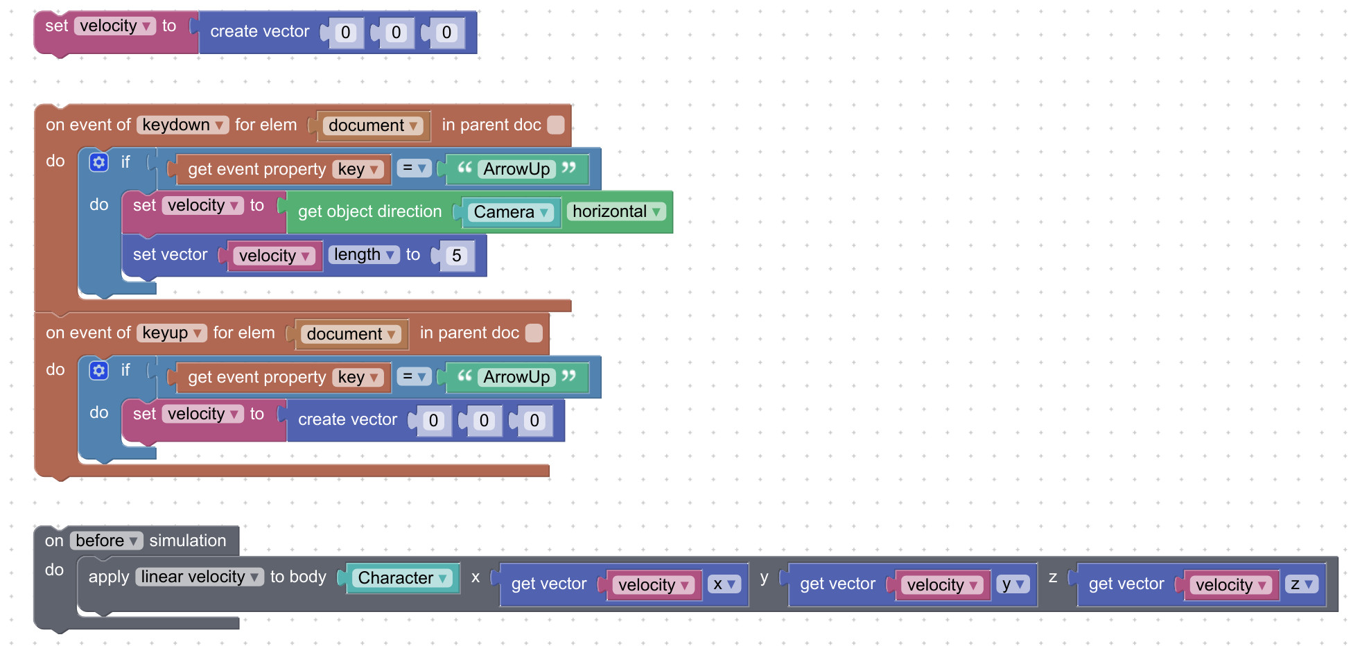 Moving character with visual programming blocks