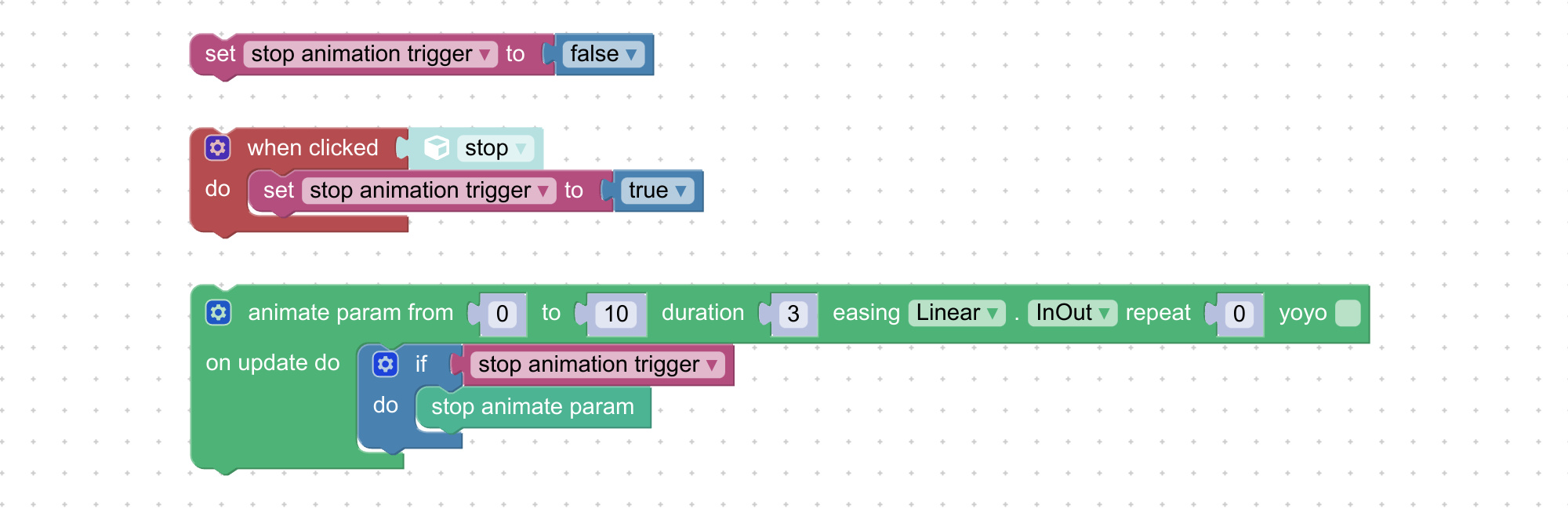 Visual programming block to stop procedural animation
