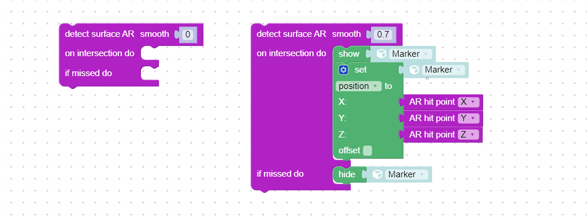 Visual logic block to detect surfaces in AR mode