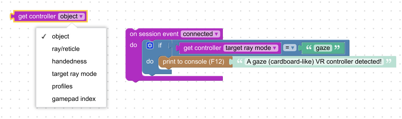 Visual programming block to query VR controllers