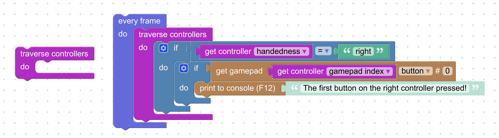 Visual programming block to traverse VR controllers