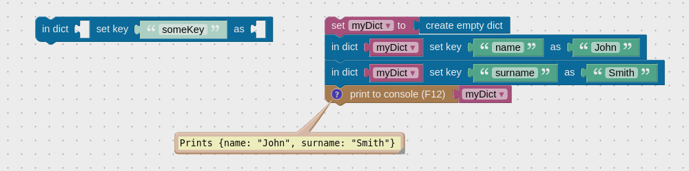 Visual programming block to set dictionary key