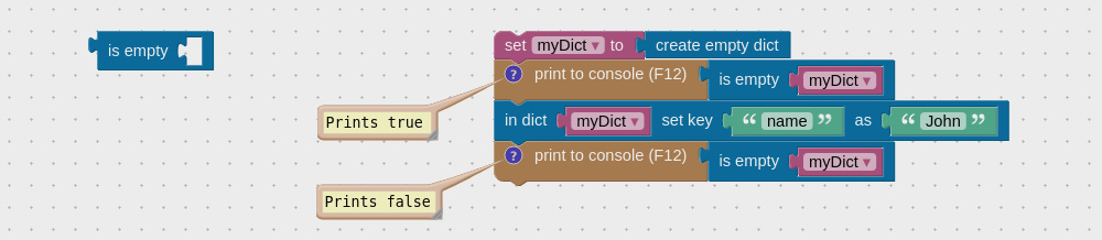 Visual logic block to check if dictionary is empty