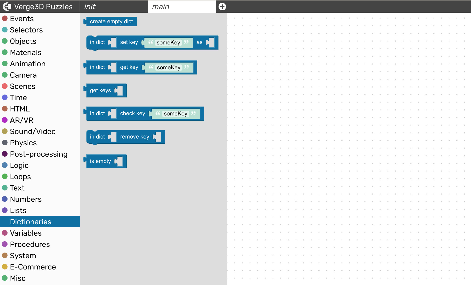 Visual programming blocks to work with dictionaries
