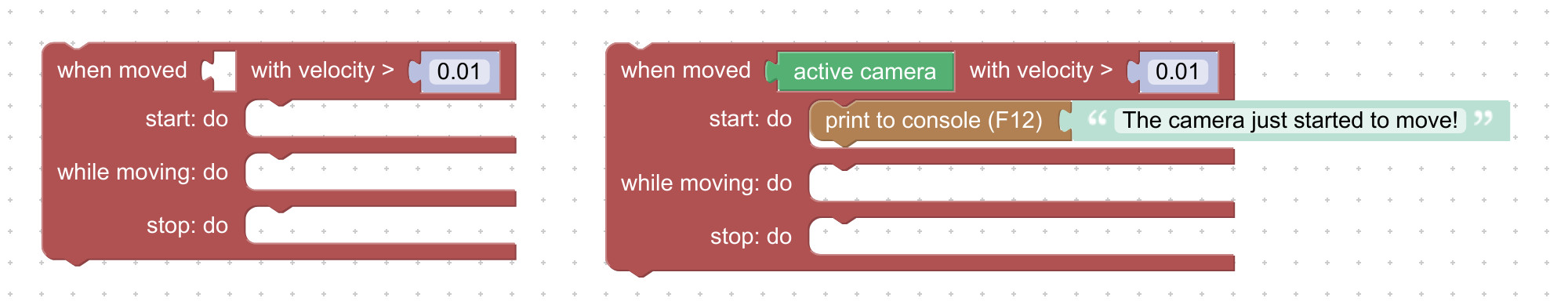 Visual programming block to capture movements of 3D objects