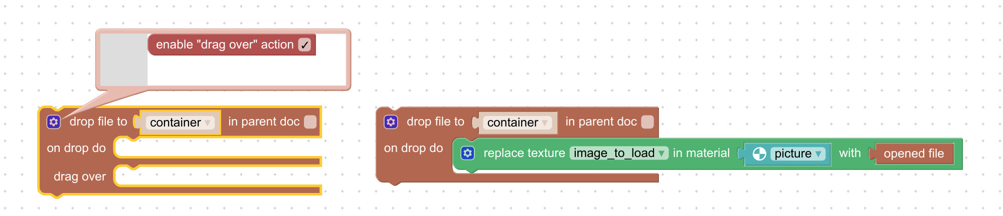 Visual programming block for dropping files to HTML page