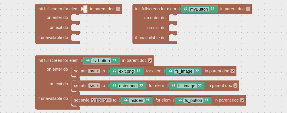 Entering fullscreen mode with visual logic blocks