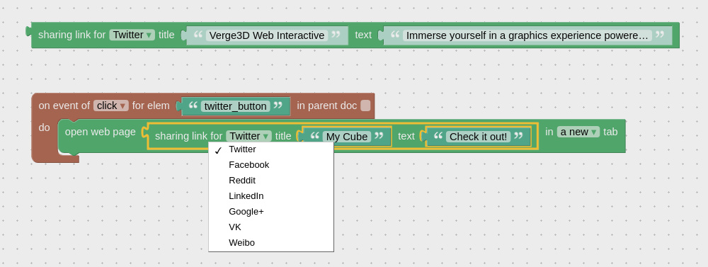 Creating social media links with visual programming blocks