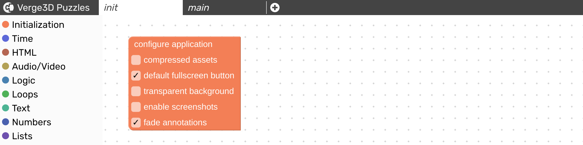 Configure application visual programming block