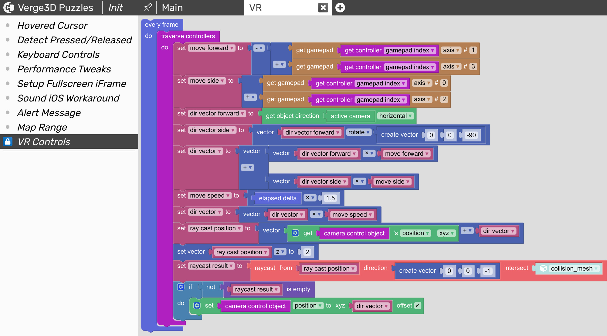 VR controls visual programming library