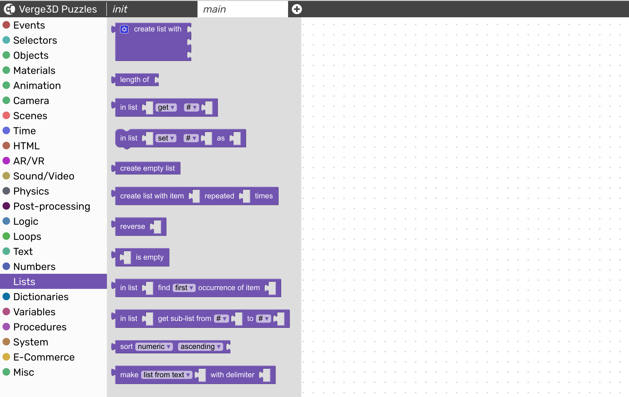 Visual programming blocks to work with lists