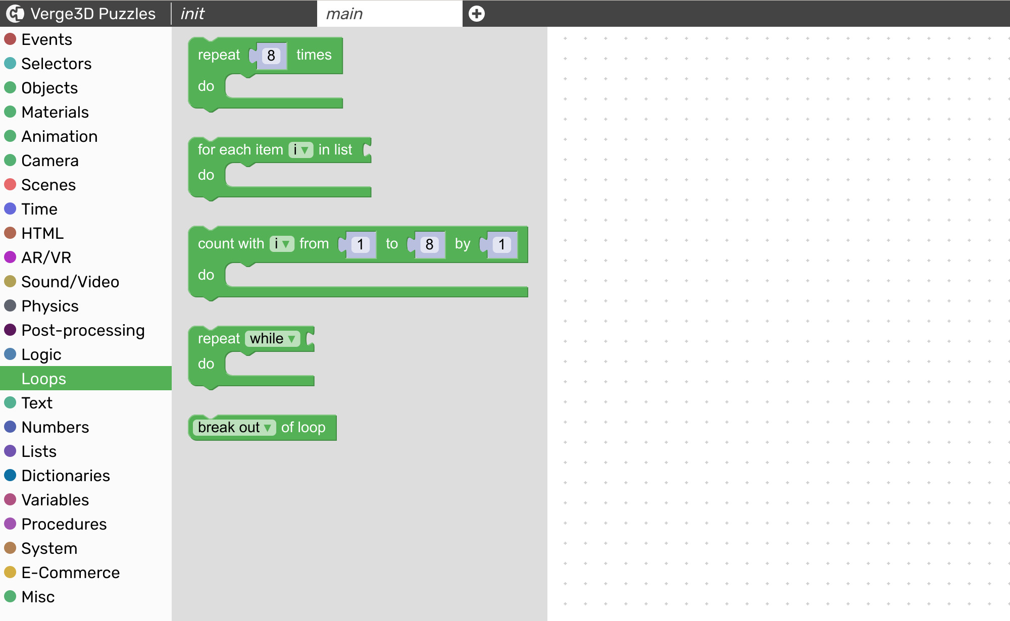 Visual programming blocks for loops