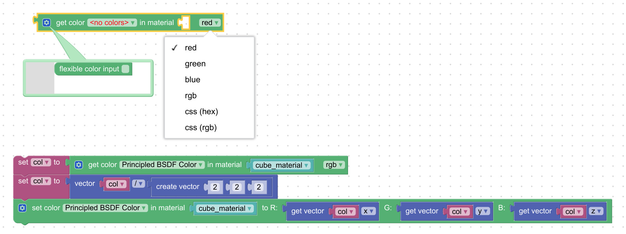 Visual programming block to get material color