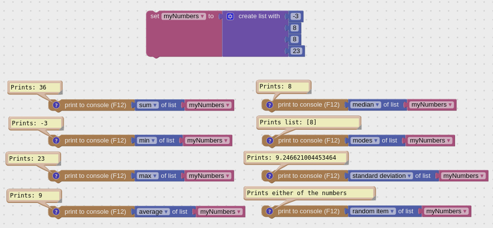 Examples of visual programming scripts using operations on list