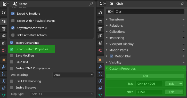 Exporting custom properties from Blender
