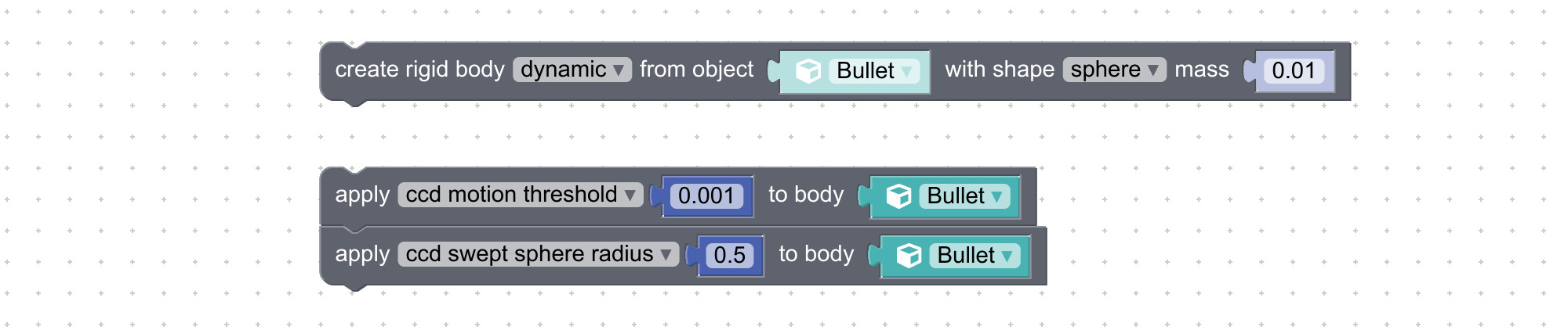 Continuous collision detection with visual programming