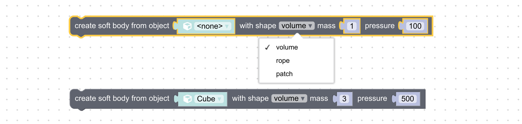Visual logic block to create and simulate soft bodies