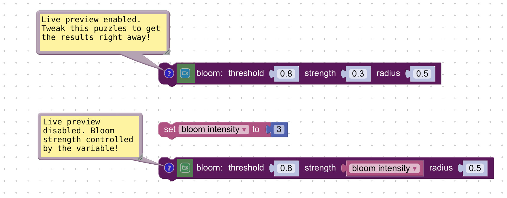 Post-processing live preview in visual programming editor