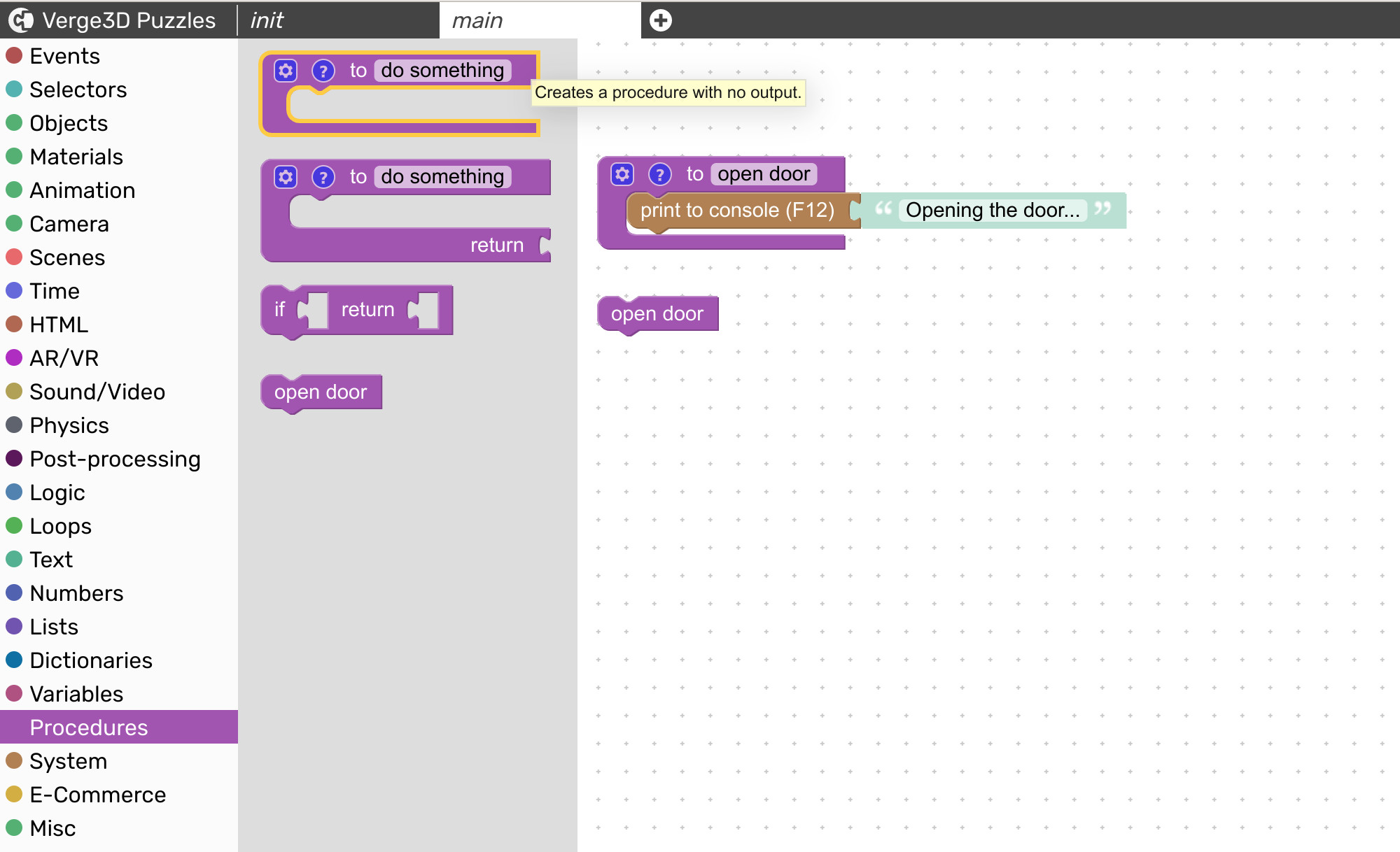 Procedures in visual programming editor