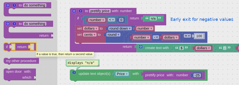Early return from visual logic procedure