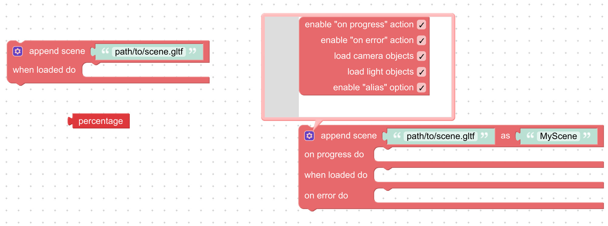 Visual programming block to append scene
