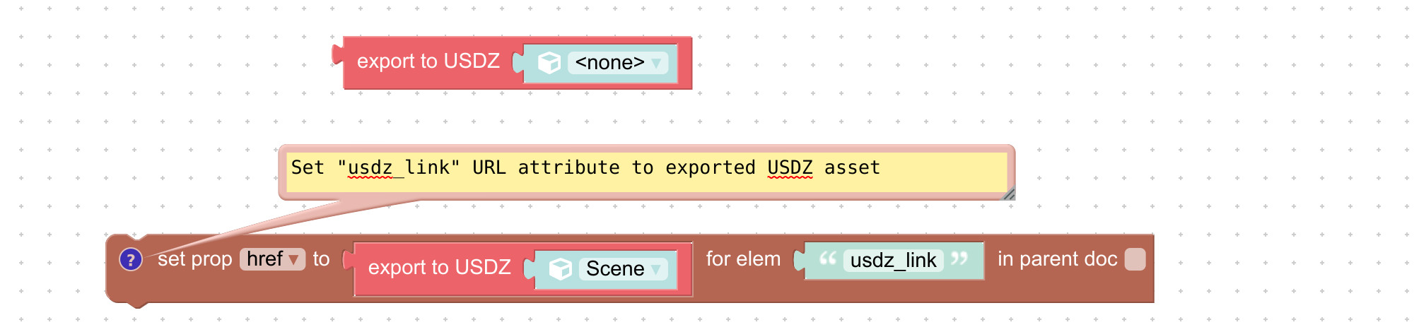 Visual programming block to perform USDZ export