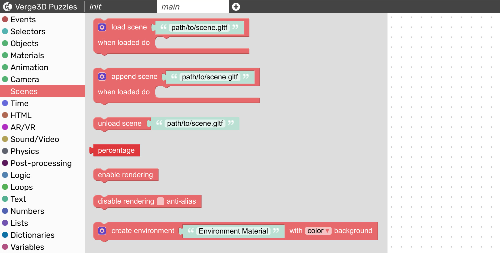 Visual programming blocks to work with 3D scenes