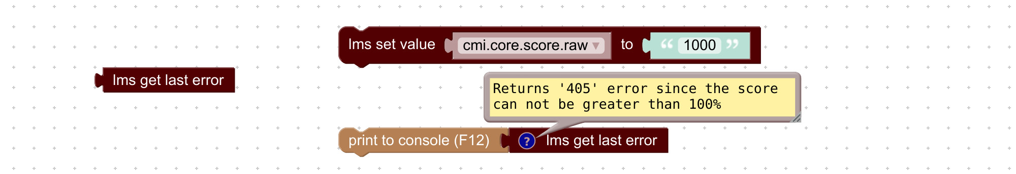 Visual programming block to get error from learning management system