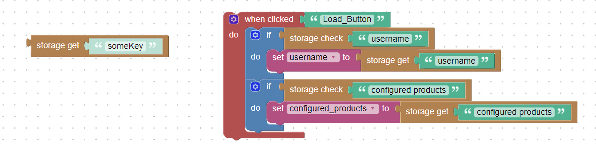 Visual programming block to access browser local storage