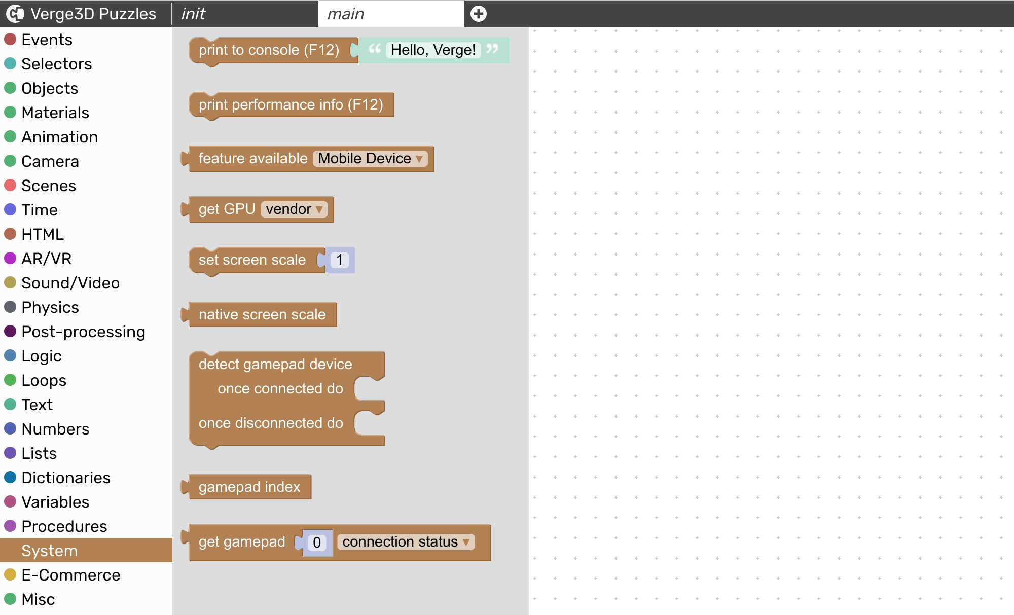 System visual programming blocks